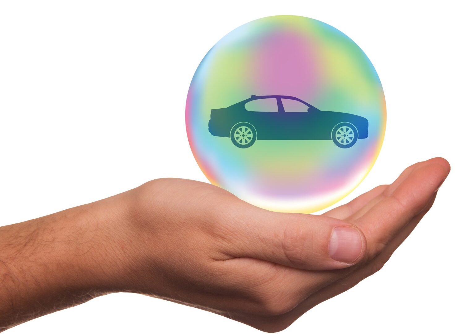 Hand holding bubble which is having image of a Car inside of it