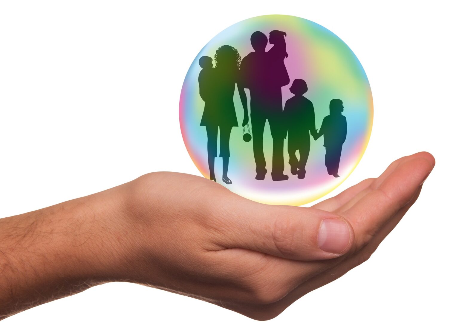 Hand holding bubble which is having image of a Family