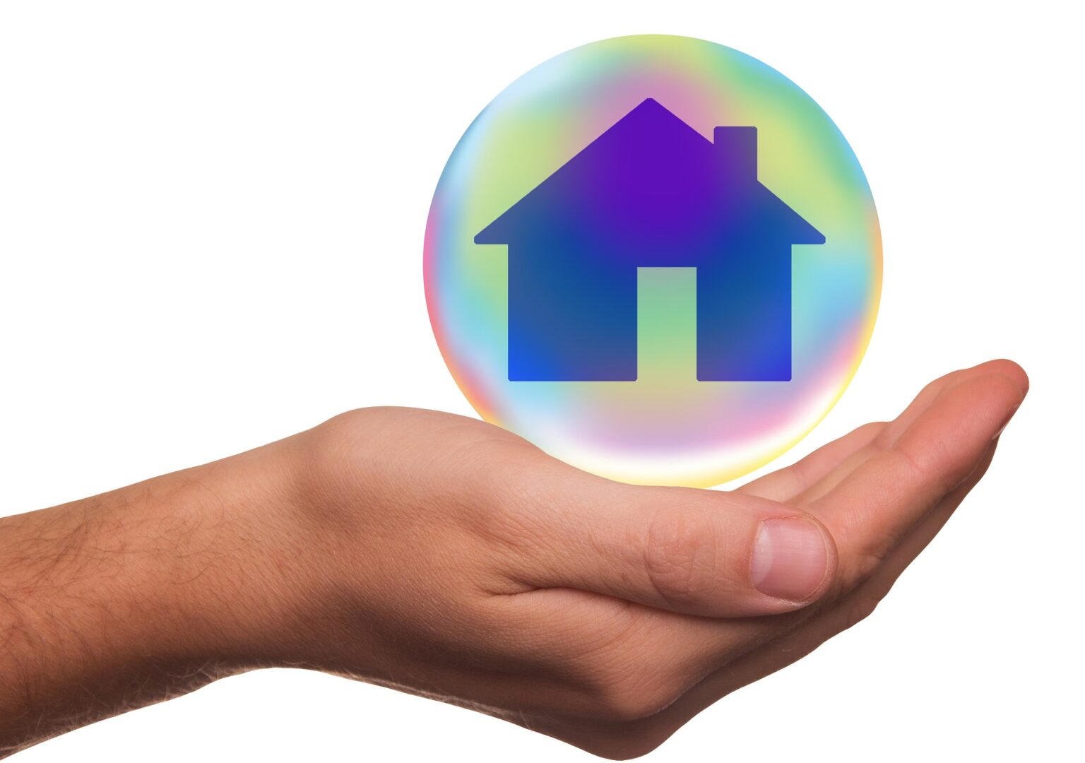 Hand holding bubble which is having image of a Home model inside of it