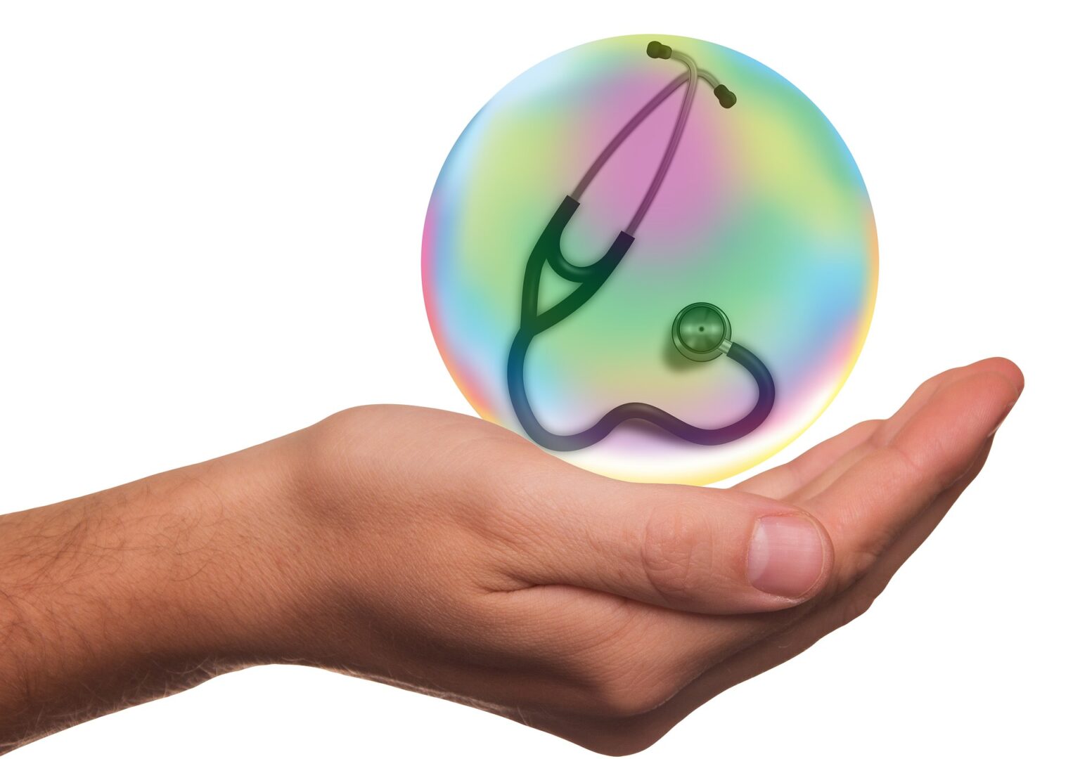 Hand holding bubble which is having image of a stethoscope inside of it